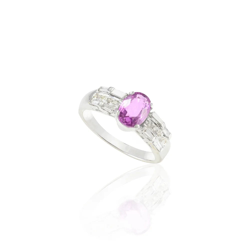 Customization Natural Pink Sapphire & Diamond 18K Solid White Gold Wedding Ring