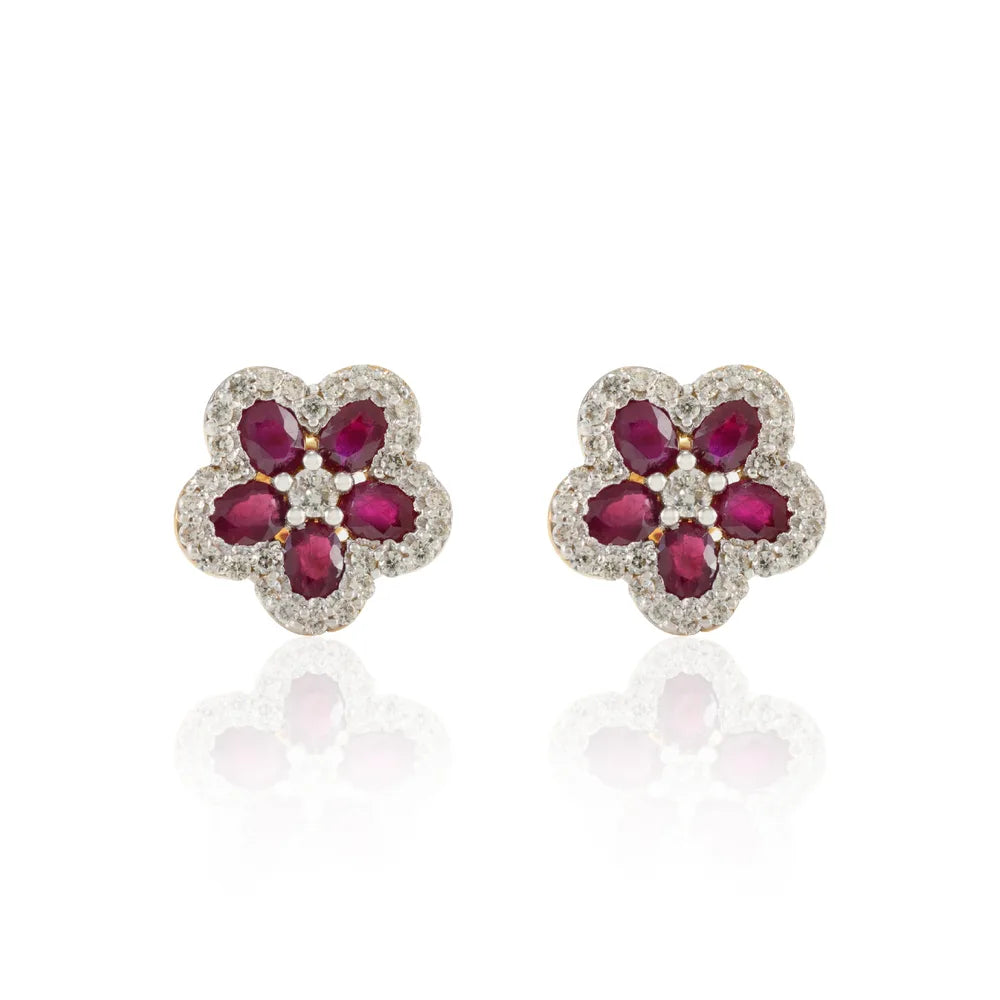 Minimal Jewelry Natural Ruby & Diamond 18K Fine Yellow Gold Cherry blossom Stud Earring