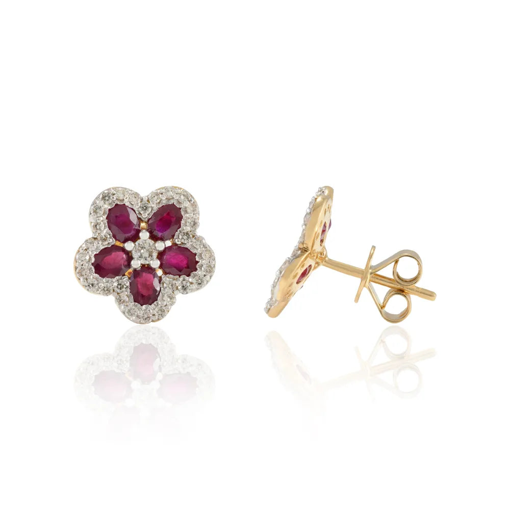 High Quality Natural Ruby & Diamond 18K Fine Yellow Gold Cherry Blossom Earring