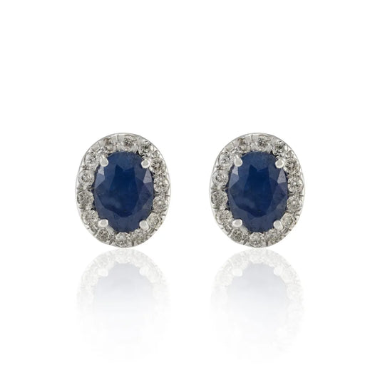 100% Authentic Natural Blue Sapphire & Diamond 18K Solid White Gold Dainty Stud Earring