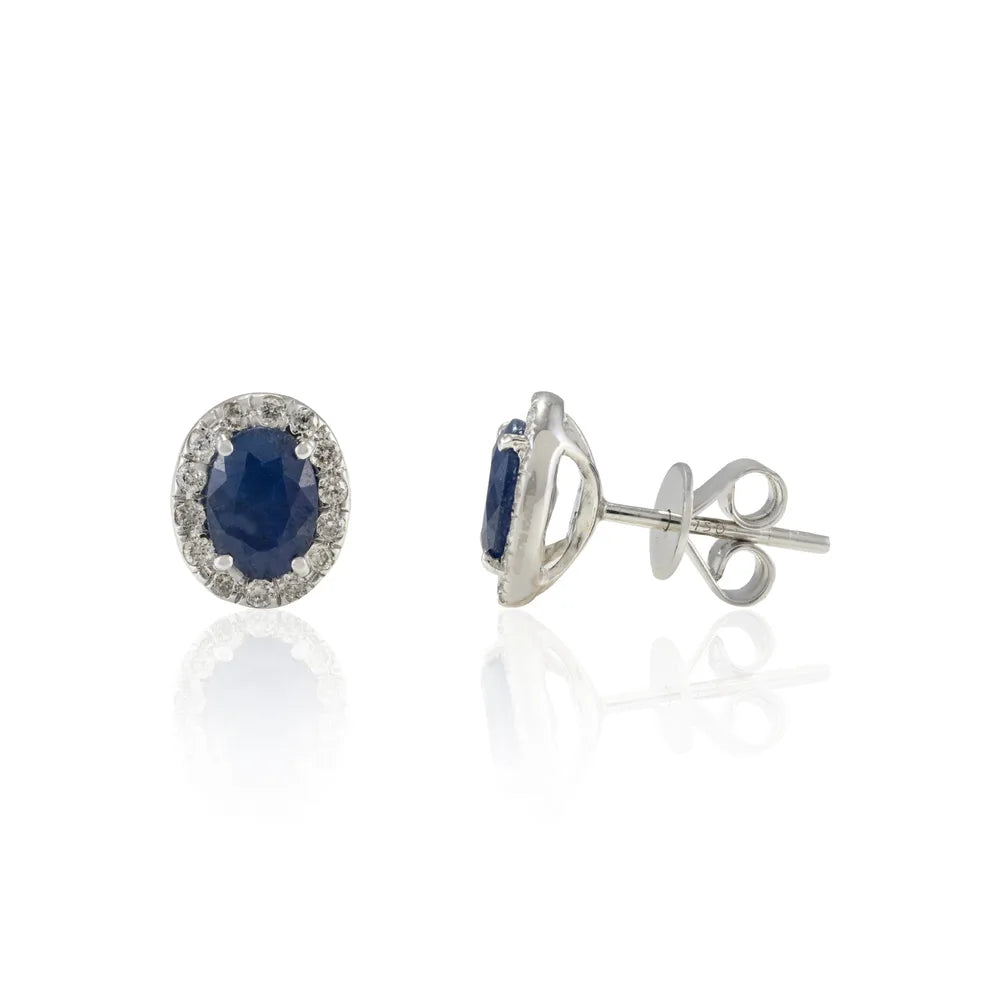 100% Authentic Natural Blue Sapphire & Diamond 18K Solid White Gold Dainty Stud Earring