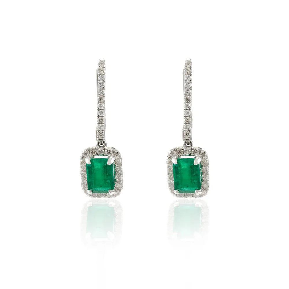 Wholesale Jewelry Natural Emerald & Diamond 18K Solid White Gold Dangle Earring