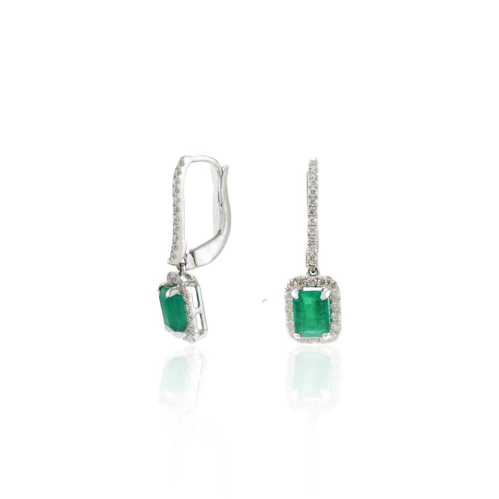 Wholesale Jewelry Natural Emerald & Diamond 18K Solid White Gold Dangle Earring