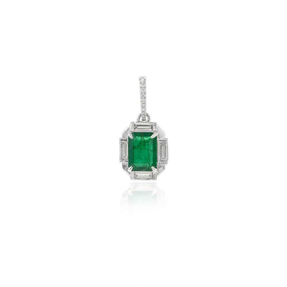 Minimal Jewelry Natural Emerald & Diamond 18K Solid White Gold Solitaire Pendant