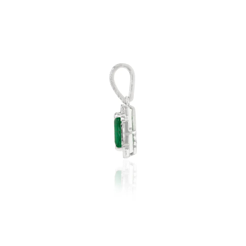 Minimal Jewelry Natural Emerald & Diamond 18K Solid White Gold Solitaire Pendant