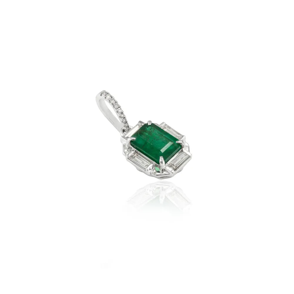 Minimal Jewelry Natural Emerald & Diamond 18K Solid White Gold Solitaire Pendant