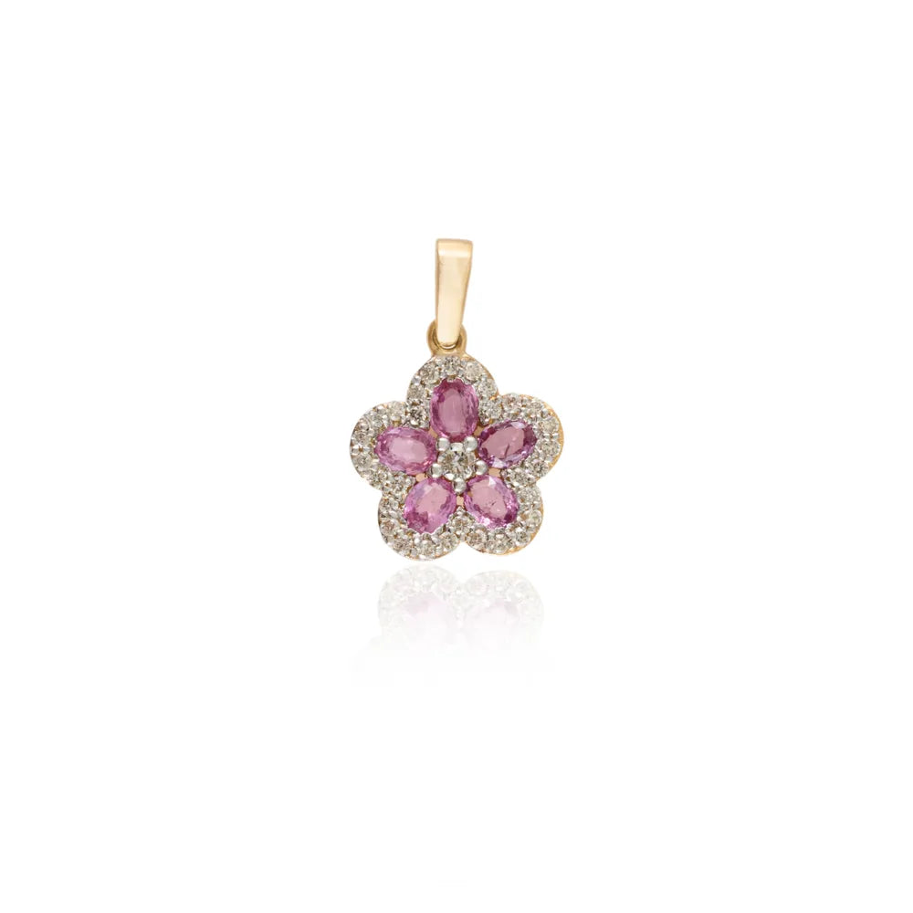 Minimal Jewelry Natural Pink Sapphire & Diamond 18K Fine Yellow Gold Cherry Blossom Dainty Pendant