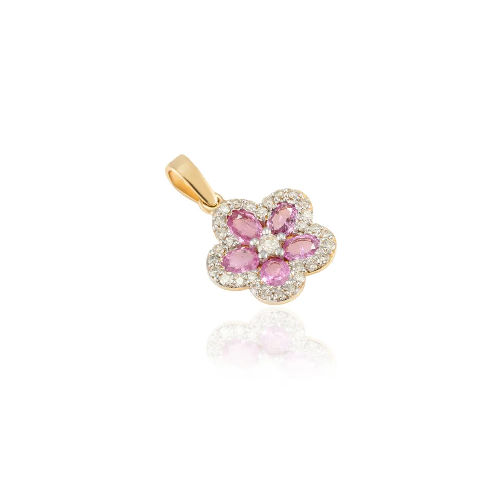 Minimal Jewelry Natural Pink Sapphire & Diamond 18K Fine Yellow Gold Cherry Blossom Dainty Pendant