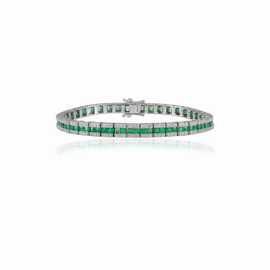 Fashion Jewelry Natural Emerald & Diamond 18K Solid White Gold Tennis Bracelet