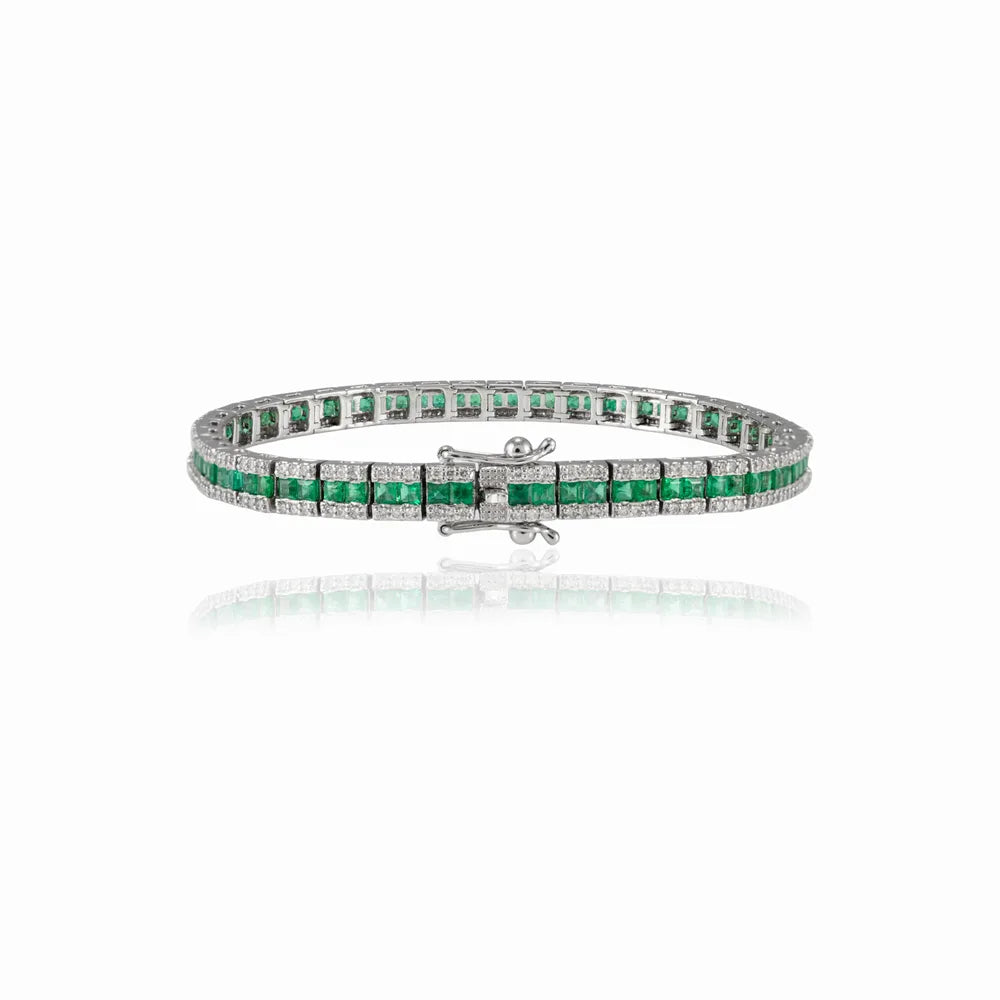 Fashion Jewelry Natural Emerald & Diamond 18K Solid White Gold Tennis Bracelet