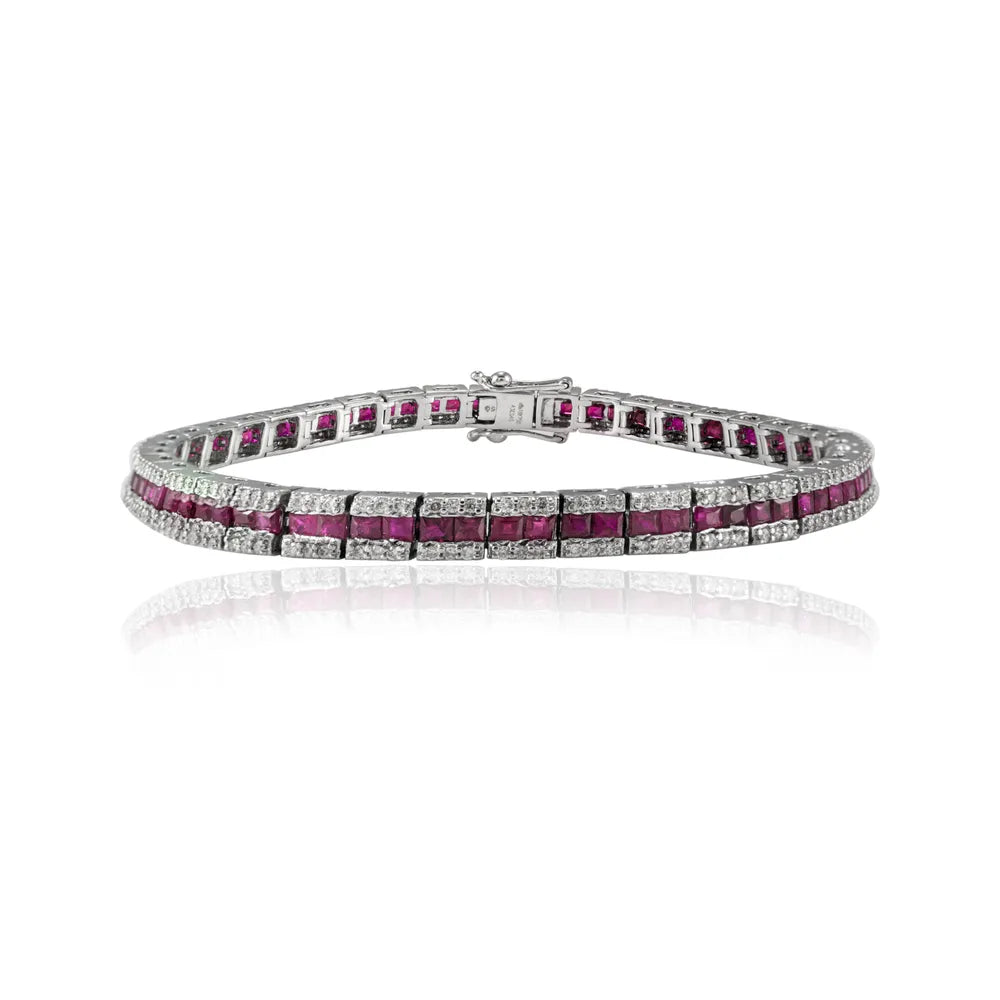 Bulk Jewelry Natural Precious Gemstone Ruby & Diamond 18K Solid White Gold Bracelet