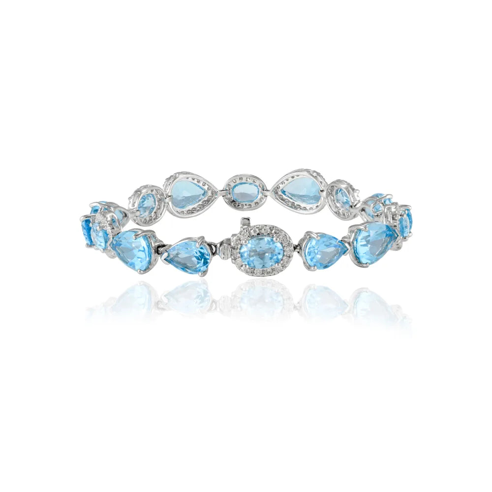 Fashion Jewelry Natural Blue Topaz & Diamond 14K Solid White Gold Tennis Bracelet