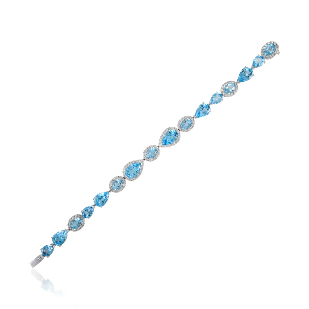 Fashion Jewelry Natural Blue Topaz & Diamond 14K Solid White Gold Tennis Bracelet