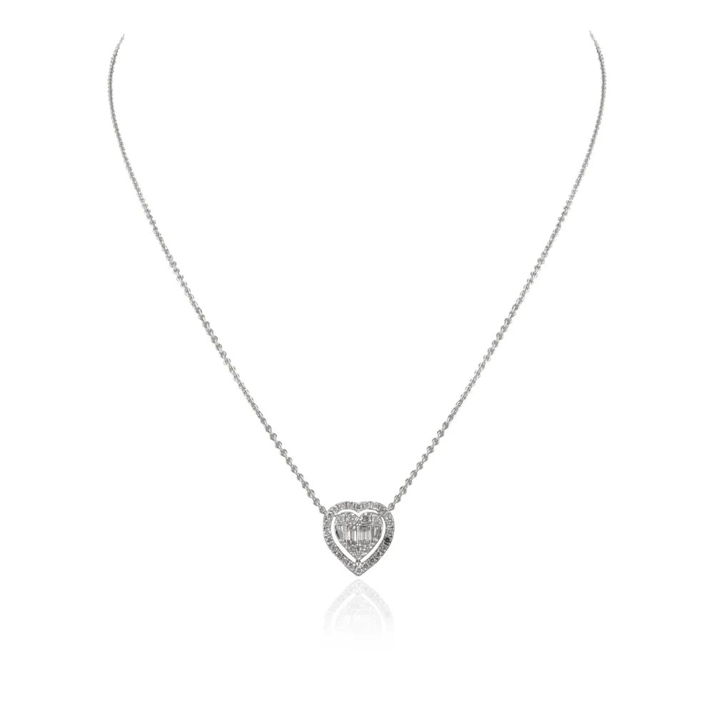 100% Authentic Natural Diamond 18K Fine White Gold Long Chain Heart Necklace