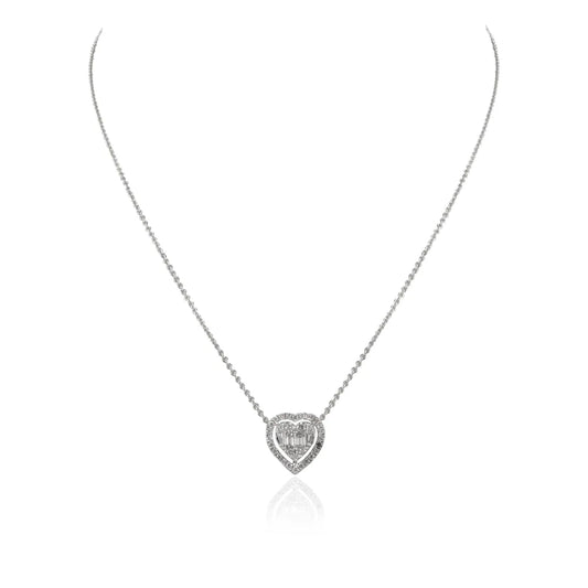 100% Authentic Natural Diamond 18K Fine White Gold Long Chain Heart Necklace