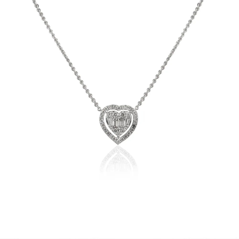 100% Authentic Natural Diamond 18K Fine White Gold Long Chain Heart Necklace