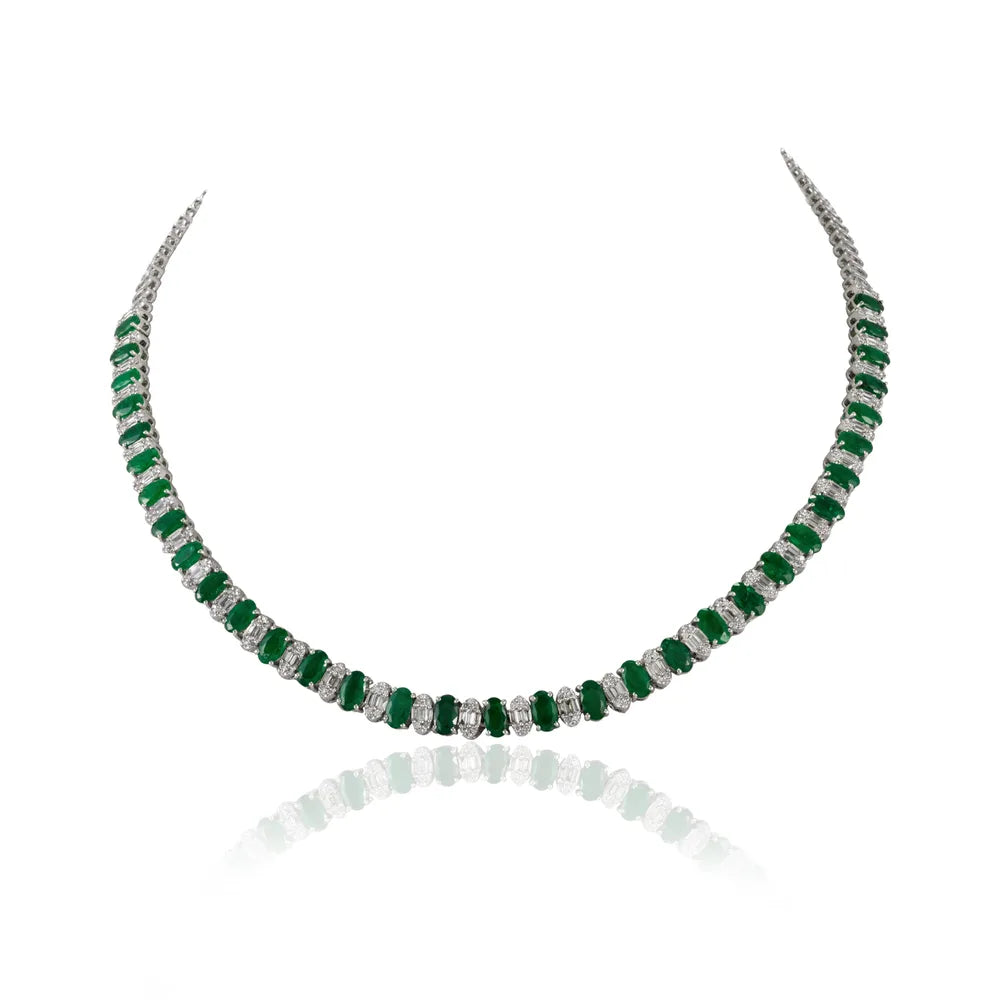 Luxury Jewelry Genuine Emerald & Diamond 18K Fine White Gold Tennis Necklace