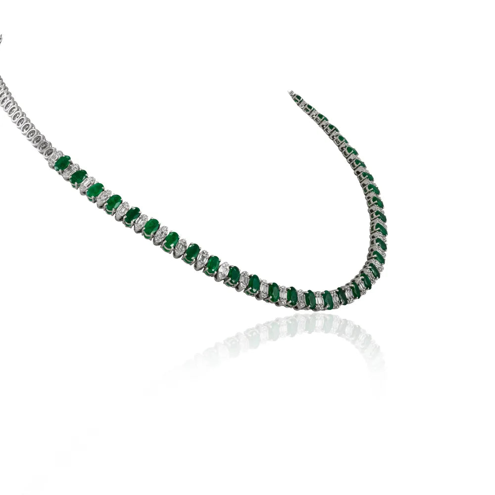 Luxury Jewelry Genuine Emerald & Diamond 18K Fine White Gold Tennis Necklace