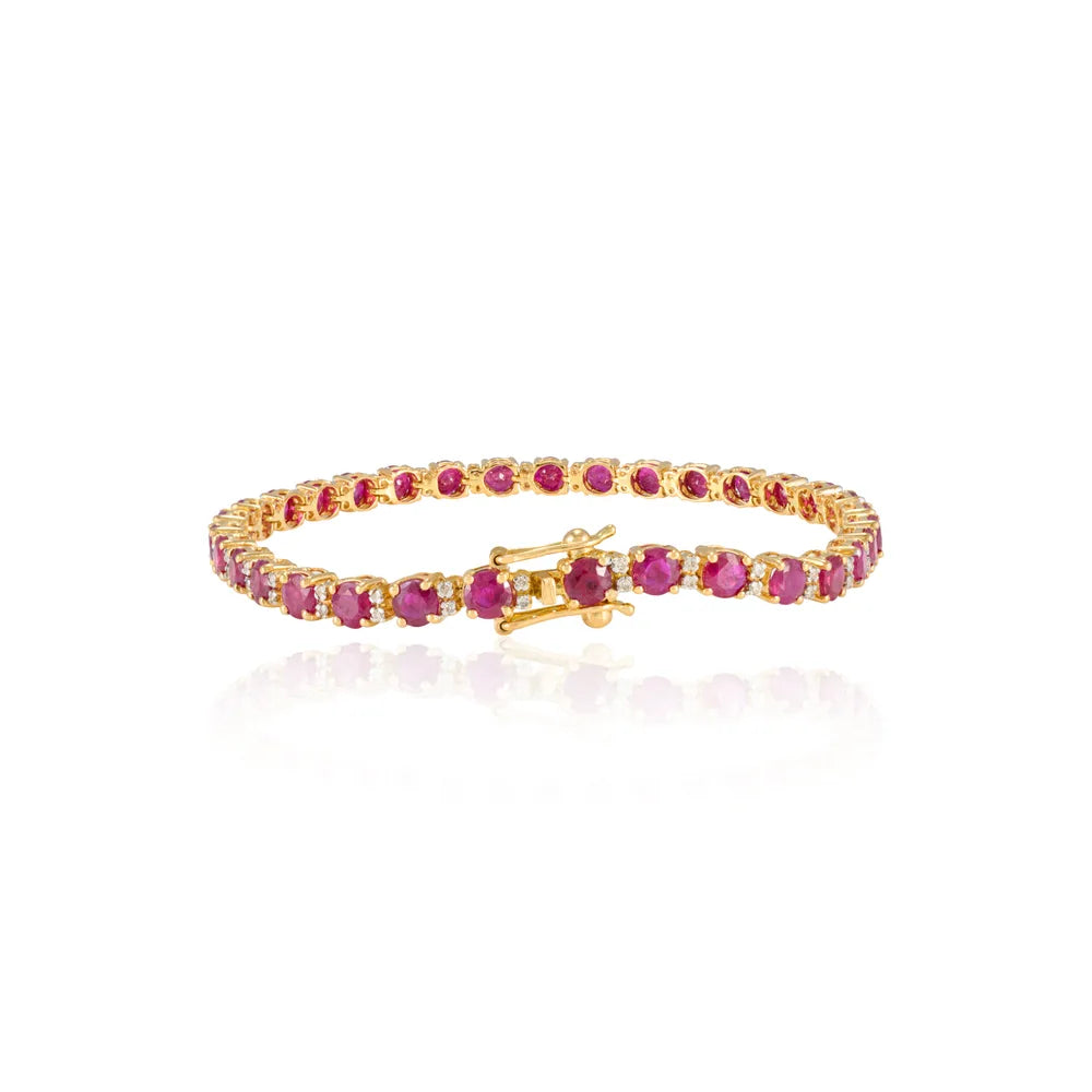 Trending Jewelry Natural Ruby & Diamond 18K Fine Yellow Tennis Bracelet