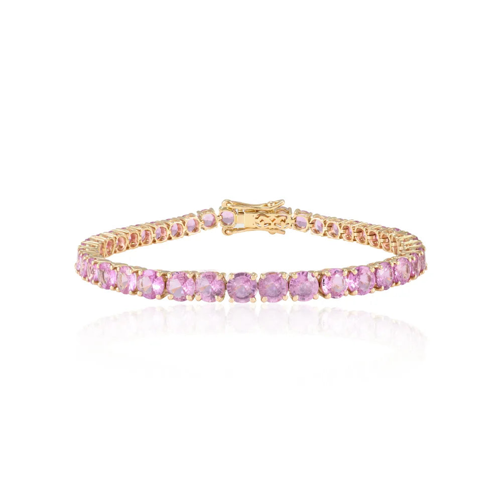 Precious Gemstone Jewelry Natural Pink Sapphire 14K Fine Yellow Gold Tennis Bracelet