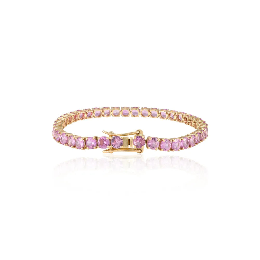 Precious Gemstone Jewelry Natural Pink Sapphire 14K Fine Yellow Gold Tennis Bracelet