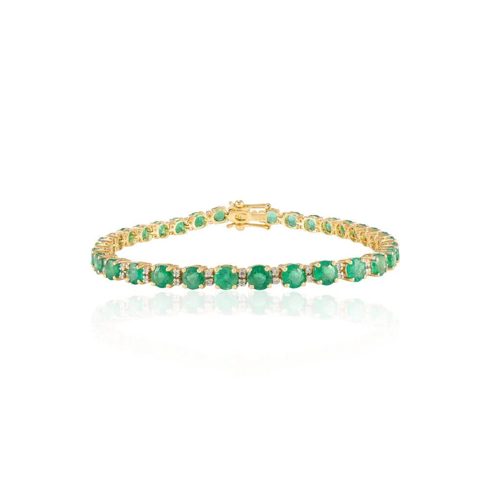 Precious Gemstone Jewelry Natural Emerald & Diamond 18K Fine Yellow Gold Tennis Bracelet