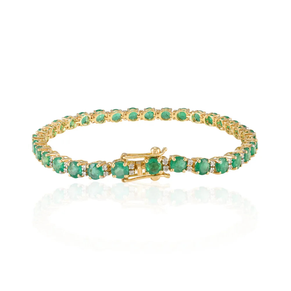 Precious Gemstone Jewelry Natural Emerald & Diamond 18K Fine Yellow Gold Tennis Bracelet