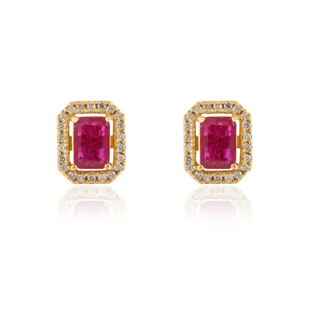 Fashion Jewelry Authentic Ruby & Diamond 18K Fine Solid Yellow Gold Stud Earrings