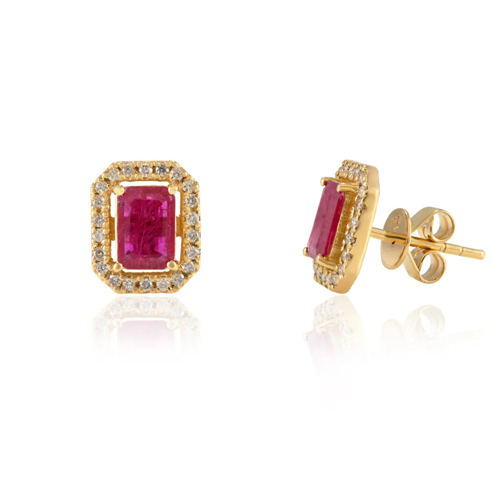 Fashion Jewelry Authentic Ruby & Diamond 18K Fine Solid Yellow Gold Stud Earrings