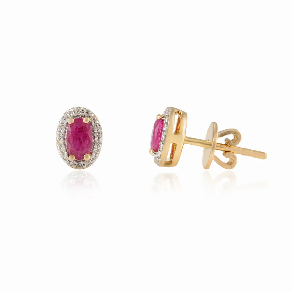 Bulk Jewelry Natural Ruby & Diamond 18K Solid Yellow Gold Minimal Stud Earring