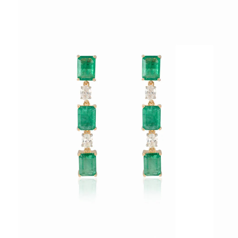 Wholesale Jewelry Natural Emerald & Diamond 18K Solid Yellow Gold Dangle Earring