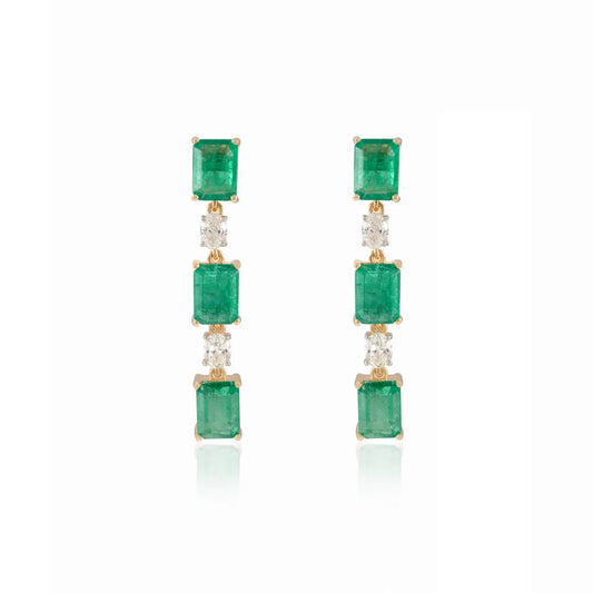 Wholesale Jewelry Natural Emerald & Diamond 18K Solid Yellow Gold Dangle Earring