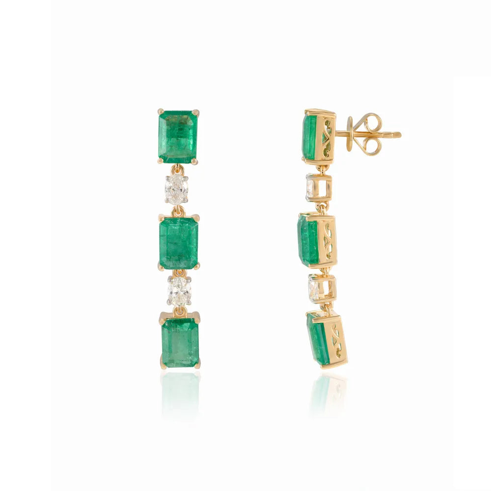 Wholesale Jewelry Natural Emerald & Diamond 18K Solid Yellow Gold Dangle Earring