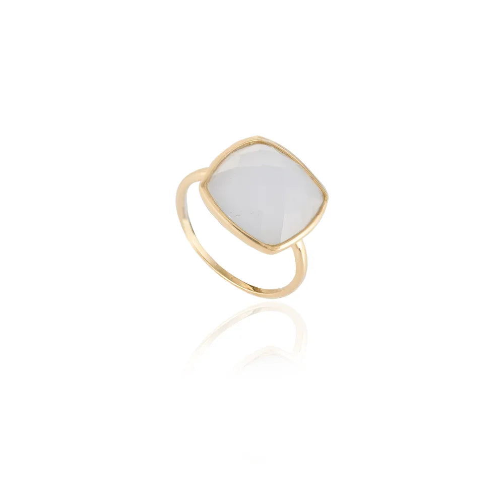 Minimal Jewelry Natural Chalcedony 14K Solid Yellow Gold Statement Ring