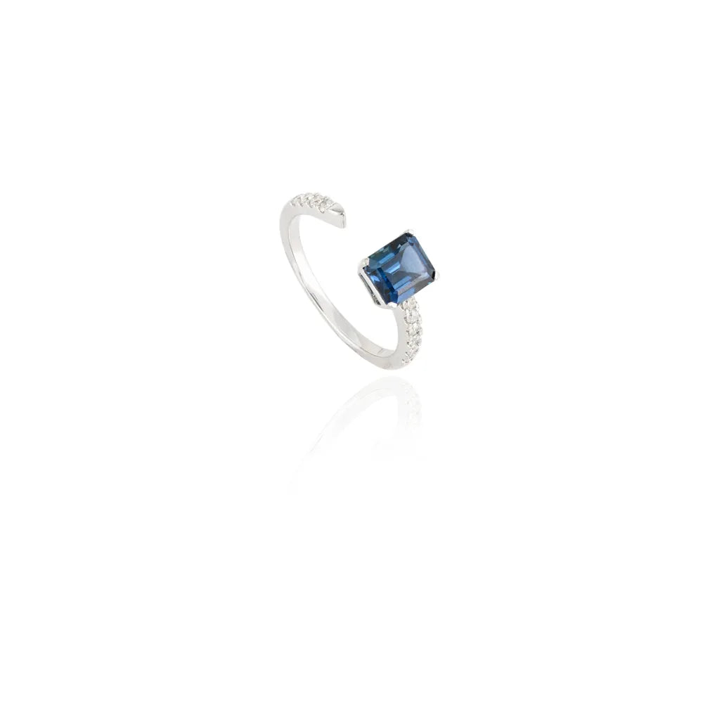 Minimal Jewelry Natural Blue Sapphire 18K Solid White Gold Adjustable Ring