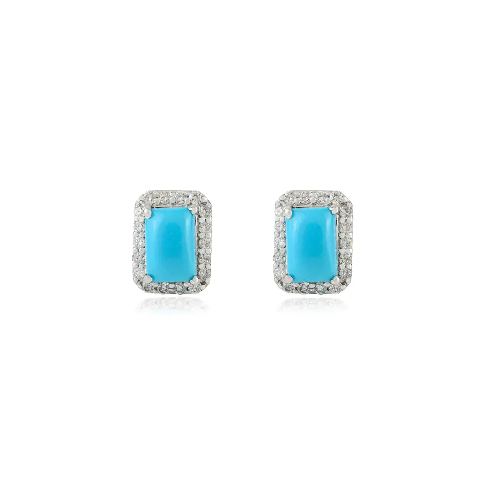 Cabochon Cut Turquoise & Diamond Minimal Halo Stud Earrings 18K Real Yellow Gold