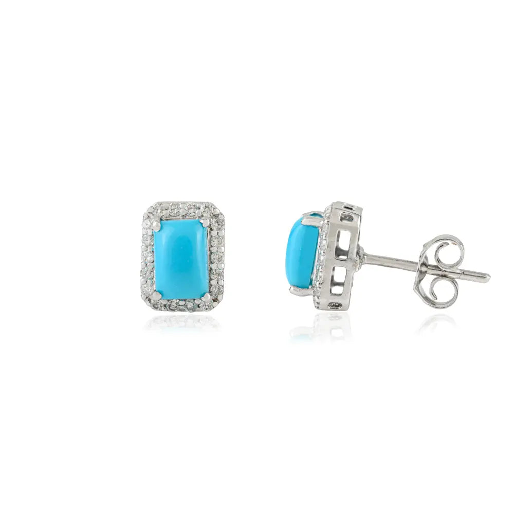 Cabochon Cut Turquoise & Diamond Minimal Halo Stud Earrings 18K Real Yellow Gold