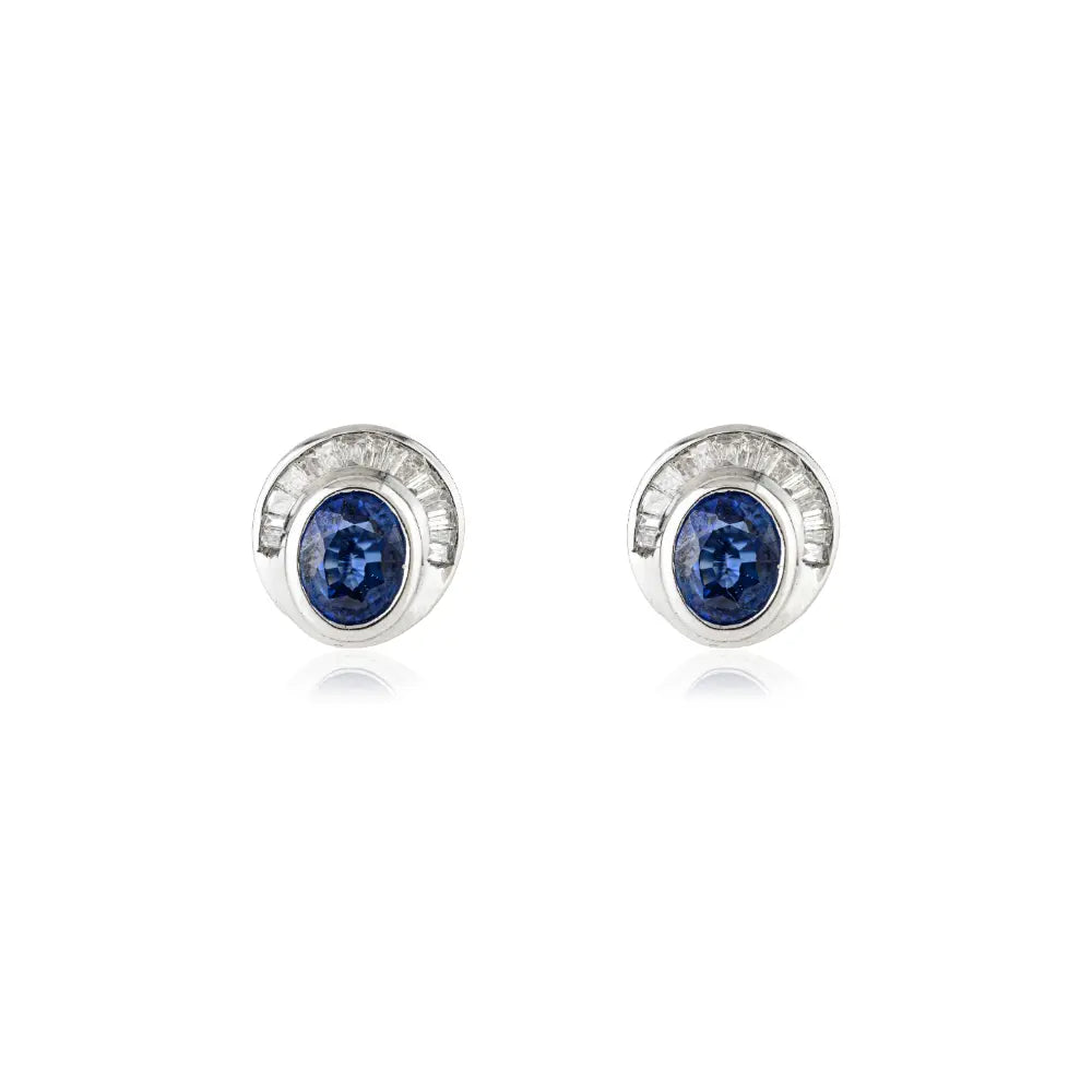 Exquisite Design Blue Sapphire & Diamond K14 White Gold Unique Stud Earrings For Women