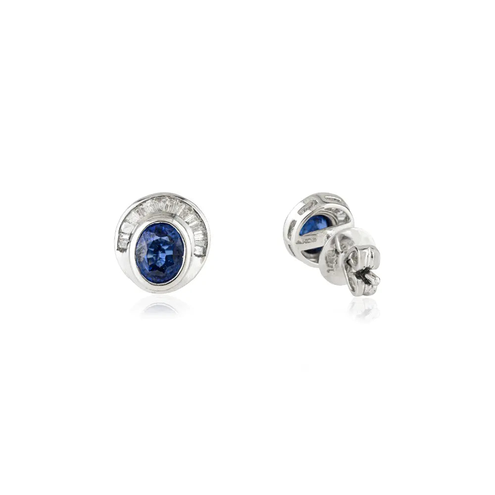 Exquisite Design Blue Sapphire & Diamond K14 White Gold Unique Stud Earrings For Women