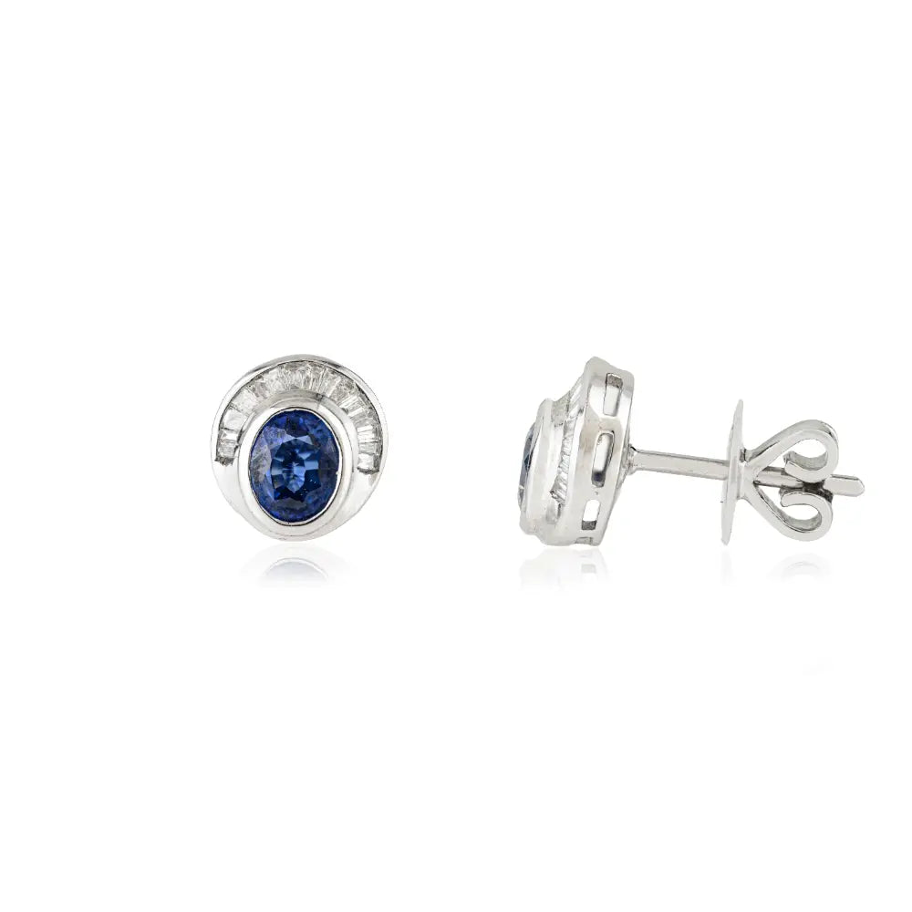 Exquisite Design Blue Sapphire & Diamond K14 White Gold Unique Stud Earrings For Women