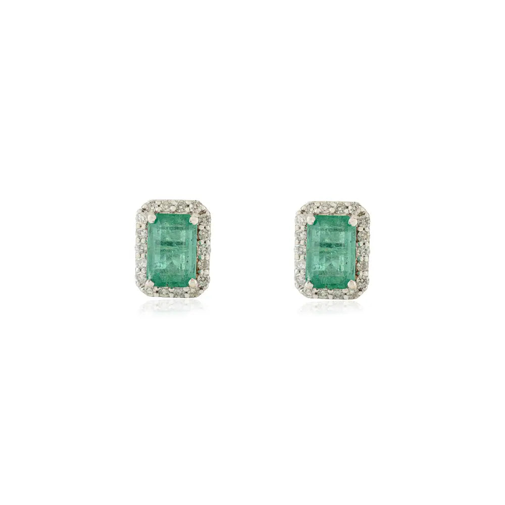 18K Real White Gold Emerald & Diamond Halo Cluster Stud Earrings Everyday Women Jewelry