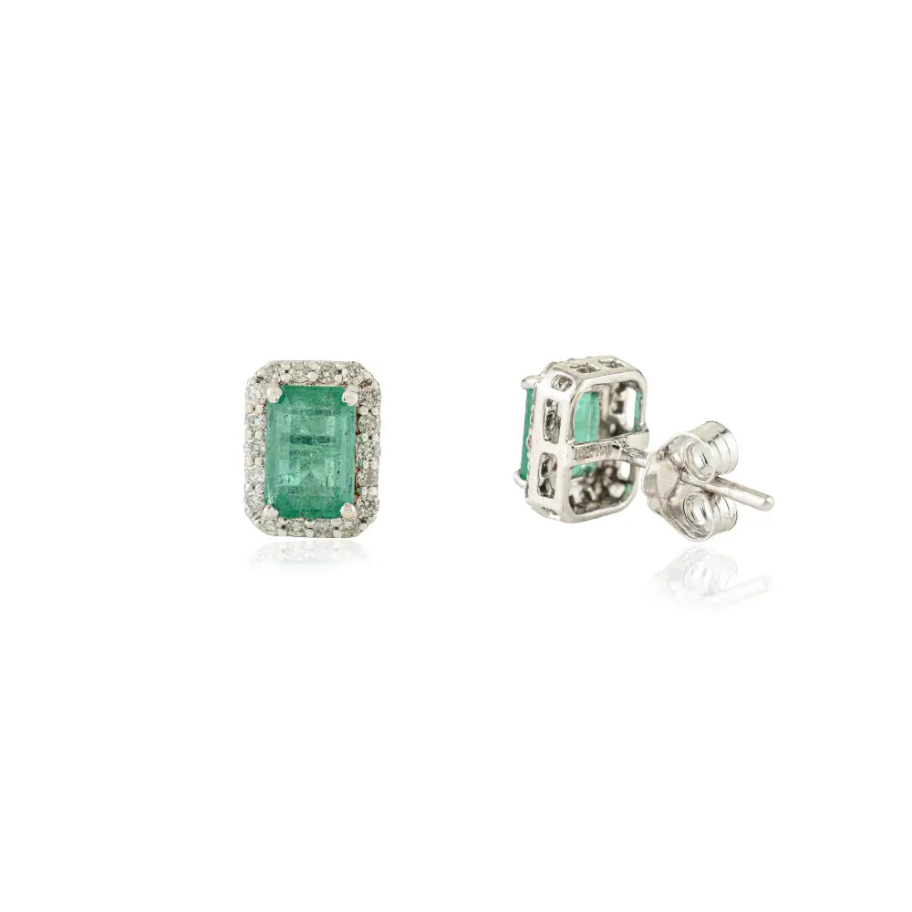 18K Real White Gold Emerald & Diamond Halo Cluster Stud Earrings Everyday Women Jewelry