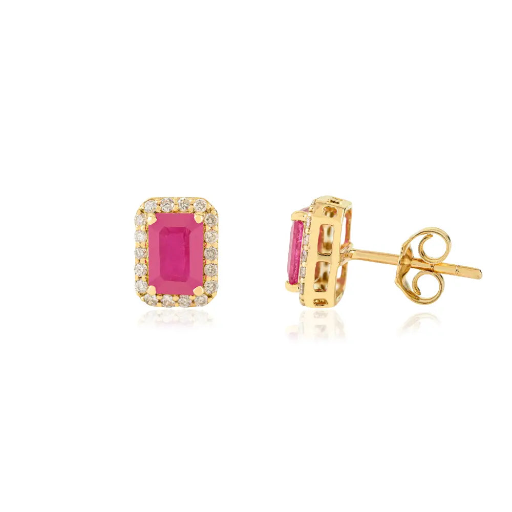 100% Authentic Ruby & Diamond Fine 18K Yellow Gold Halo Cluster Stud Earrings For Mom