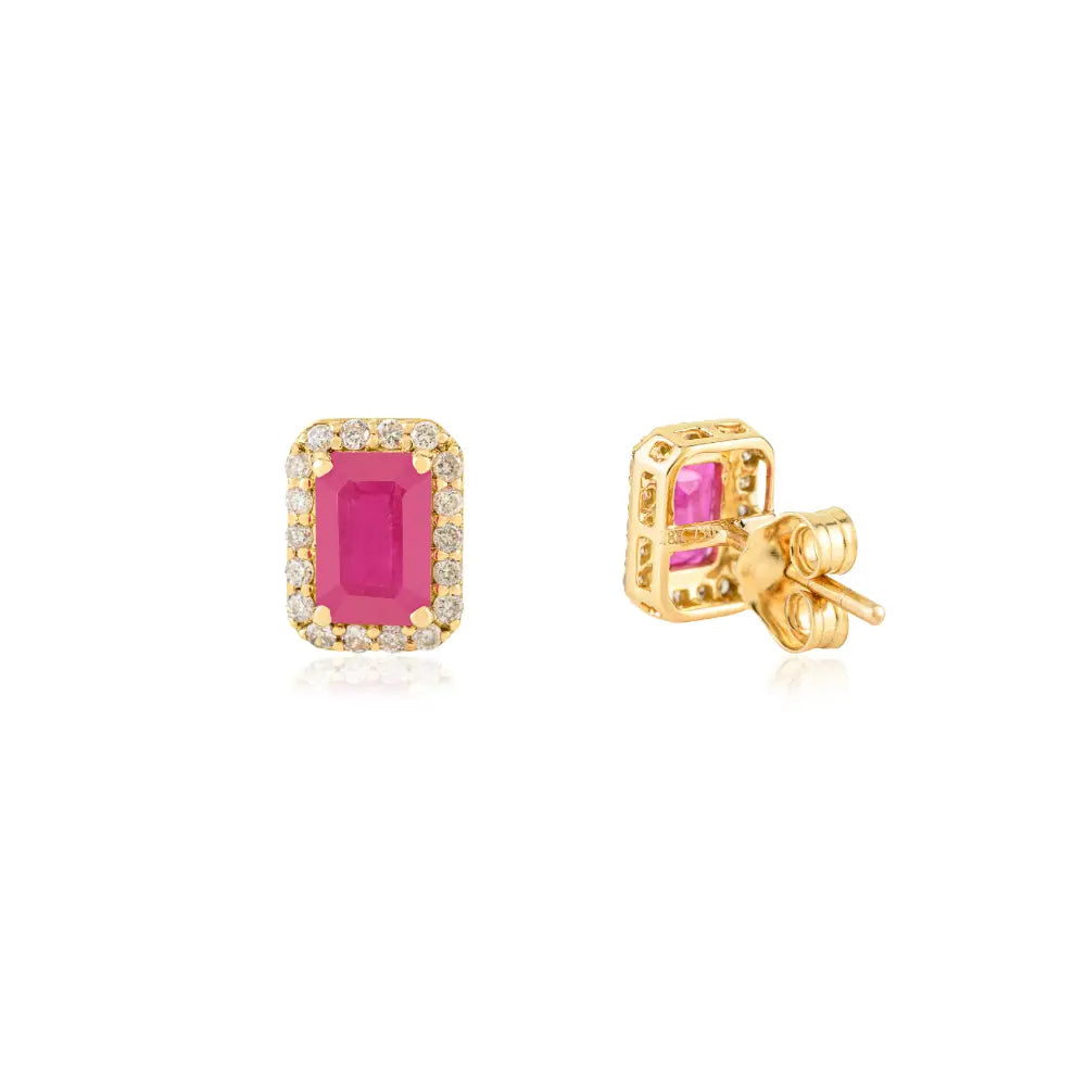 100% Authentic Ruby & Diamond Fine 18K Yellow Gold Halo Cluster Stud Earrings For Mom