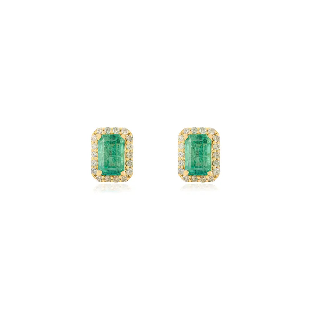 Octagon Shape Emerald & Round Shape Diamond Push Back Cluster Stud Earrings 18K Gold