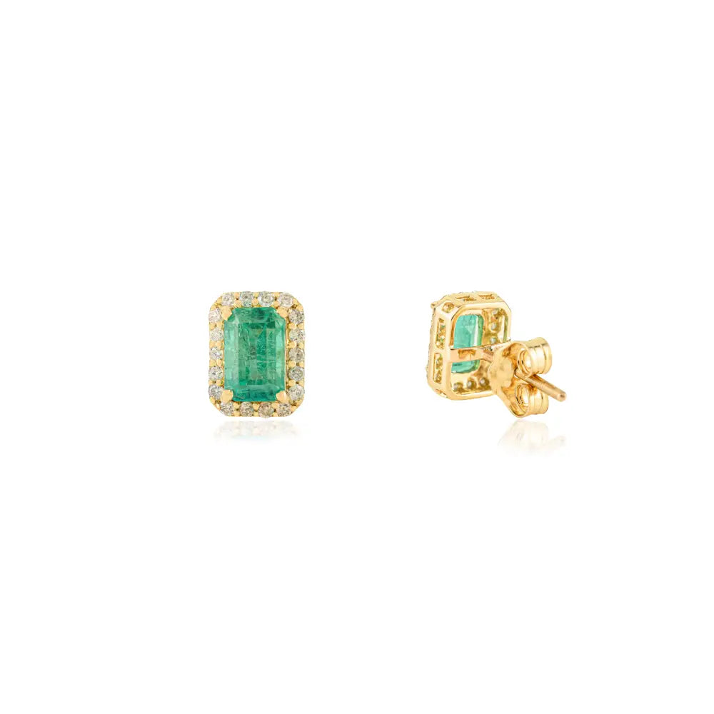 Octagon Shape Emerald & Round Shape Diamond Push Back Cluster Stud Earrings 18K Gold