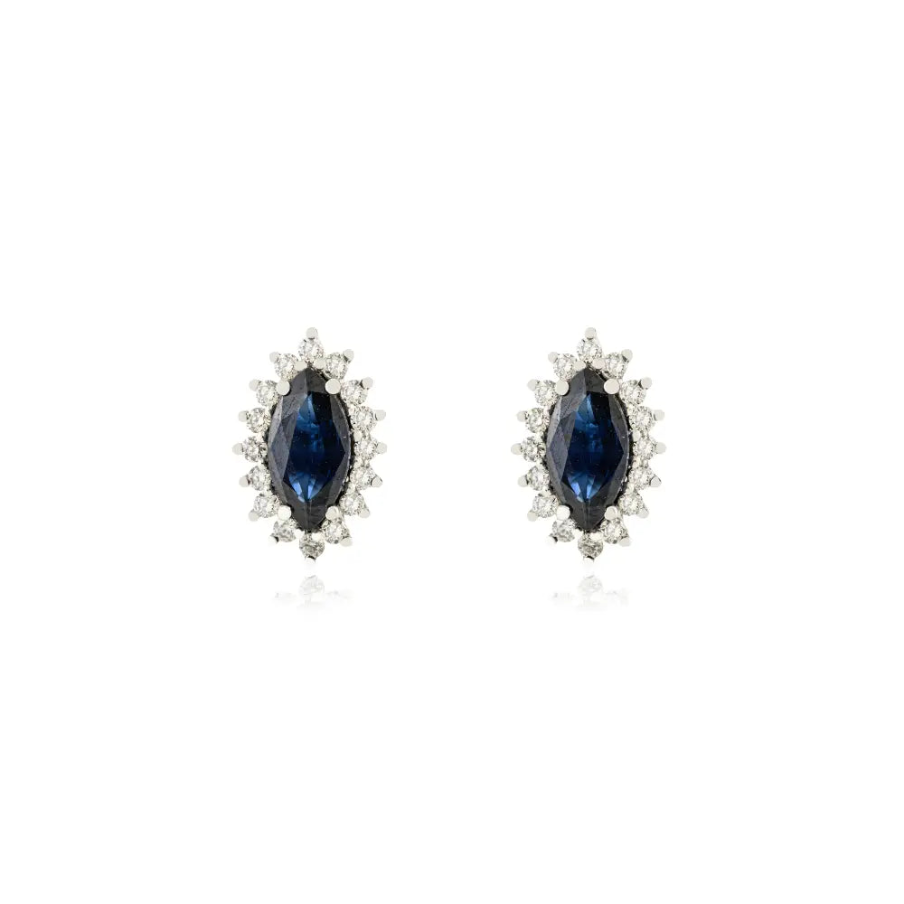 Marquise Shape Blue Sapphire & Diamond 14K Real White Gold Cluster Stud Earrings