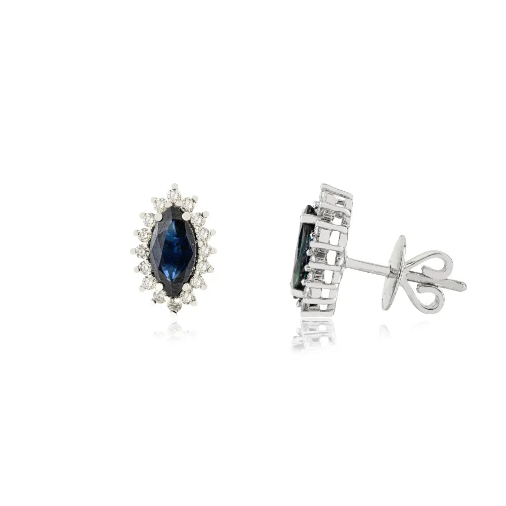Marquise Shape Blue Sapphire & Diamond 14K Real White Gold Cluster Stud Earrings