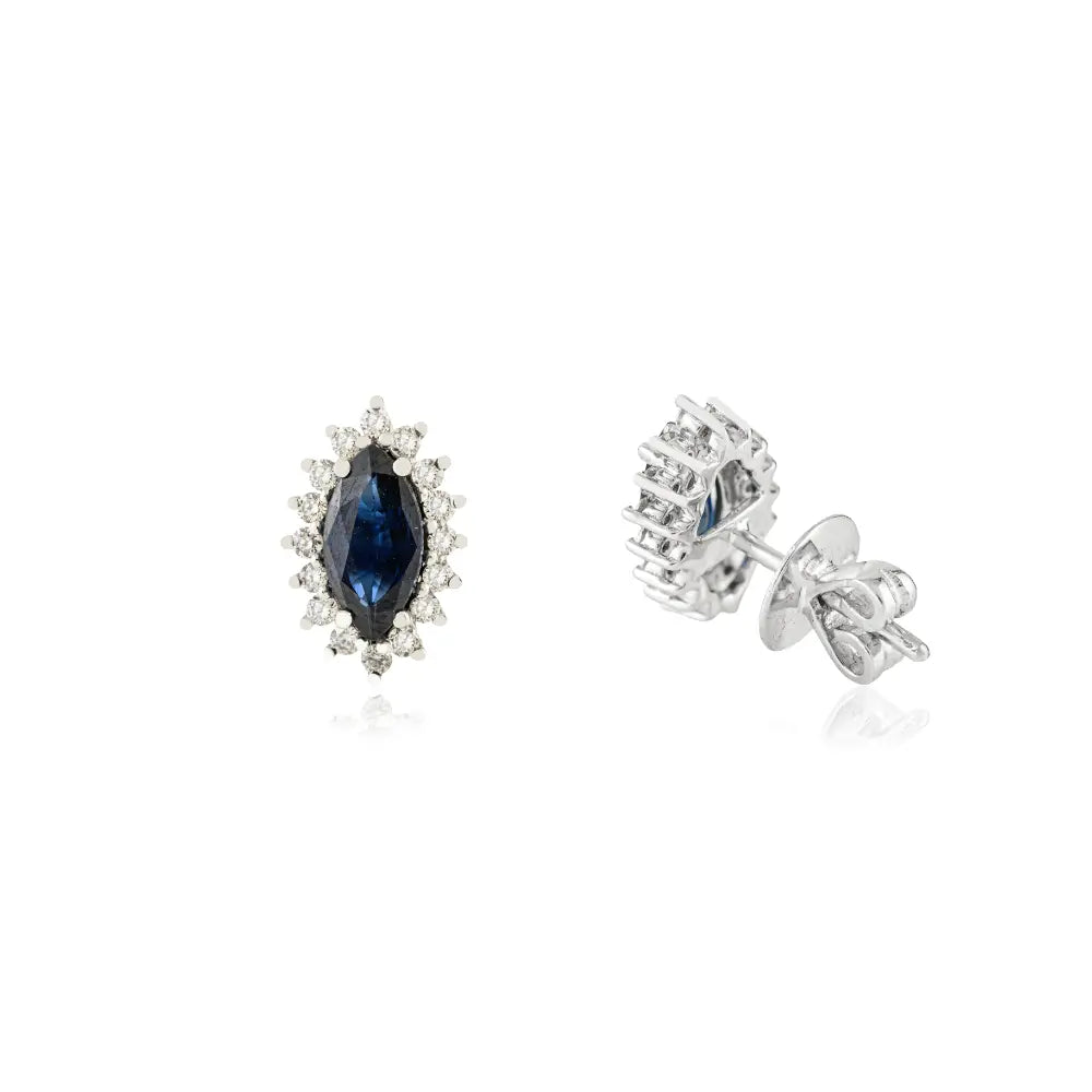 Marquise Shape Blue Sapphire & Diamond 14K Real White Gold Cluster Stud Earrings