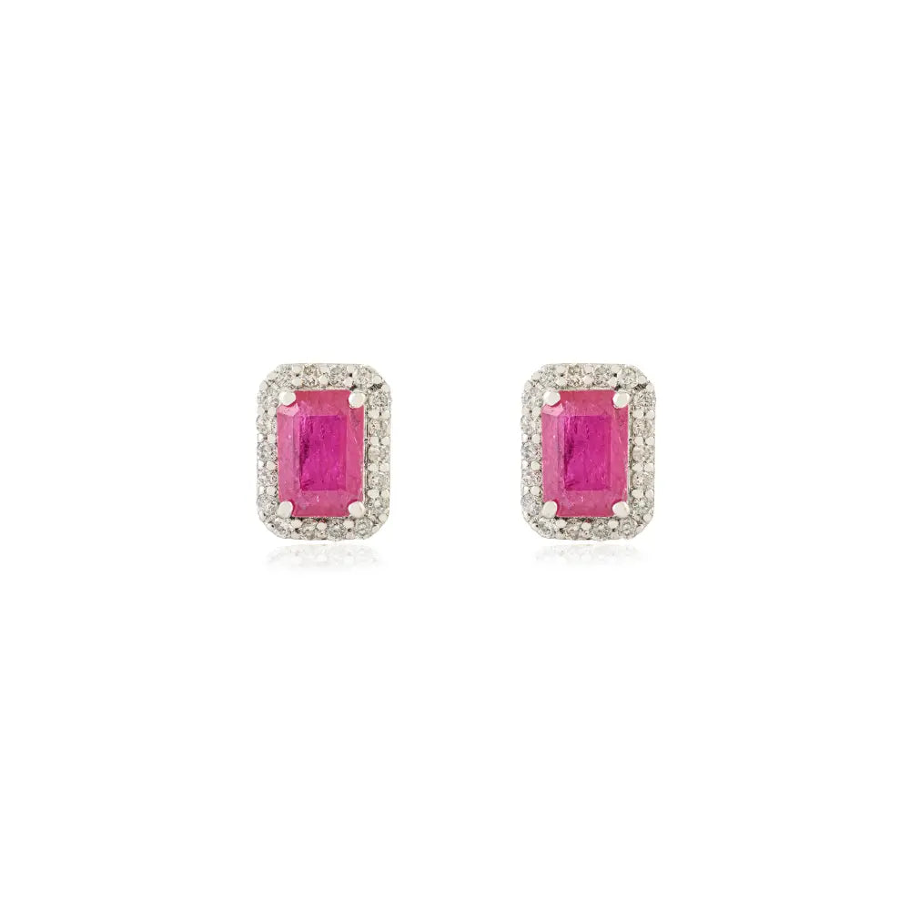 Ruby & Diamond Push Back Halo Cluster Stud Earring 18K Real White Gold Fine Jewelry